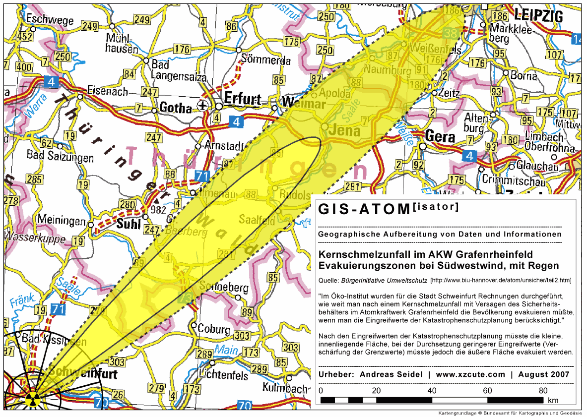 AKW Grafenrheinfeld | Kernschmelzunfall: Evakuierungszonen bei S�dwestwind, mit Regen