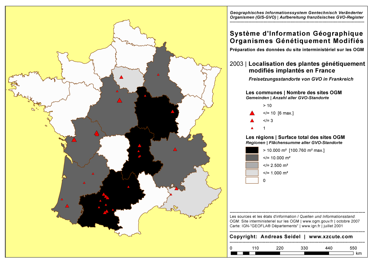 Organismes G�n�tiquement Modifi�s | Surface total des sites des essais OGM par r�gion | Nombre des sites des essais OGM par commune [2003-2007]