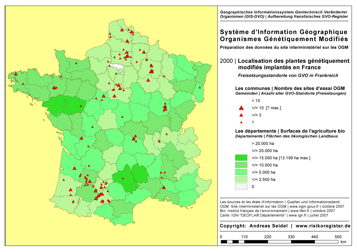 Organismes G�n�tiquement Modifi�s | Surface de l'agriculture biologique par d�partement | Nombre des sites des essais OGM par commune [2000]