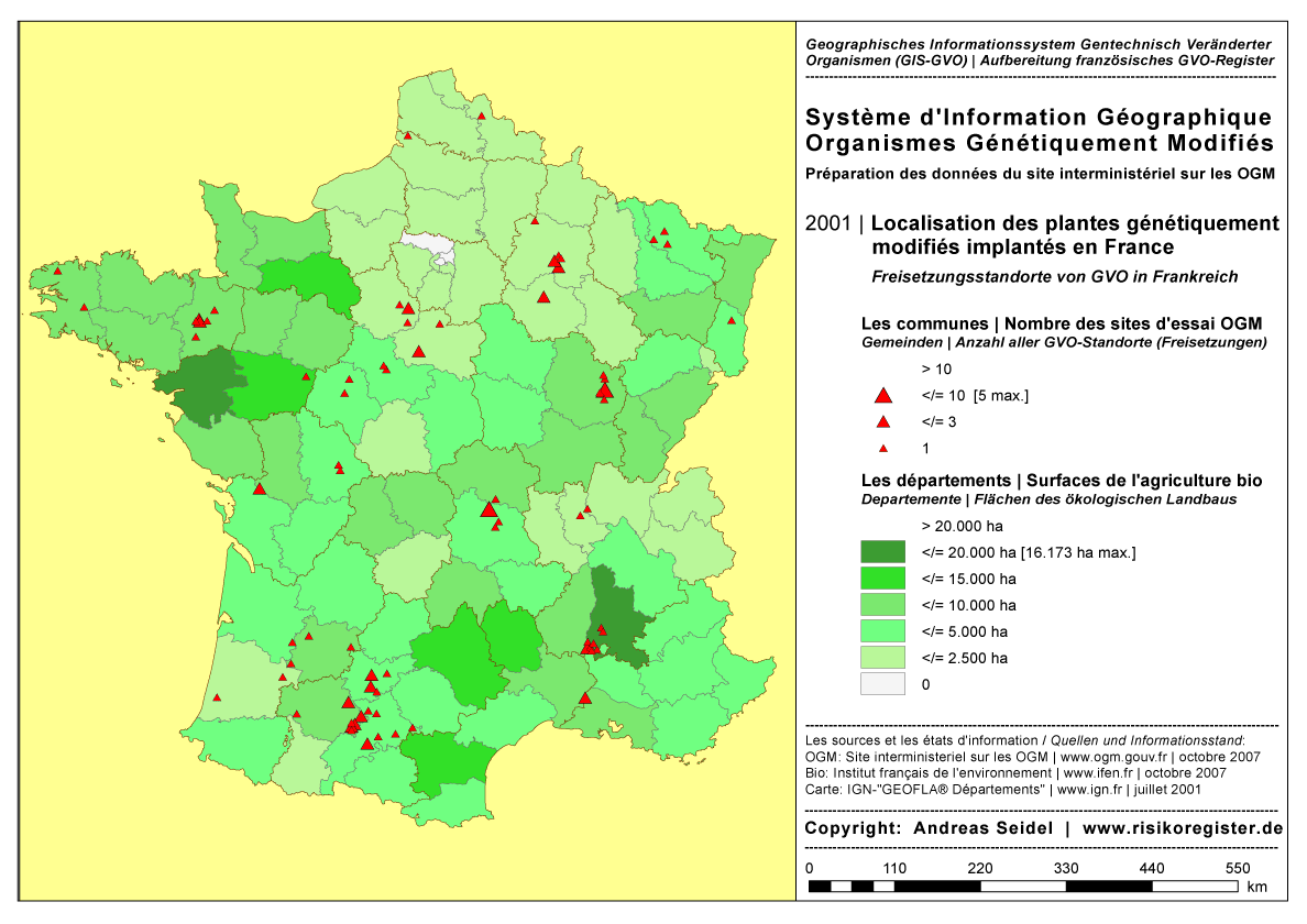 Organismes G�n�tiquement Modifi�s | Surface de l'agriculture biologique par d�partement | Nombre des sites des essais OGM par commune [2001]