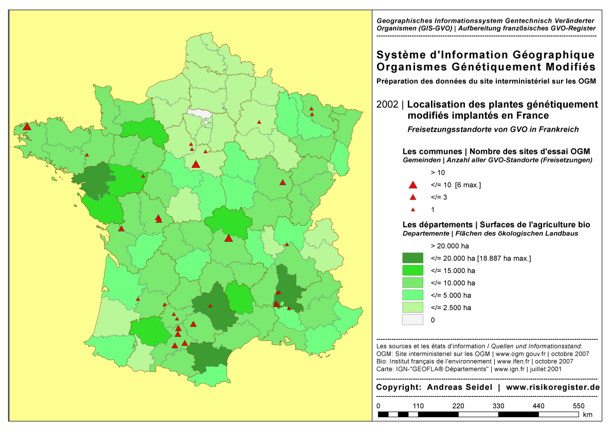 Organismes G�n�tiquement Modifi�s | Surface de l'agriculture biologique par d�partement | Nombre des sites des essais OGM par commune [2002]