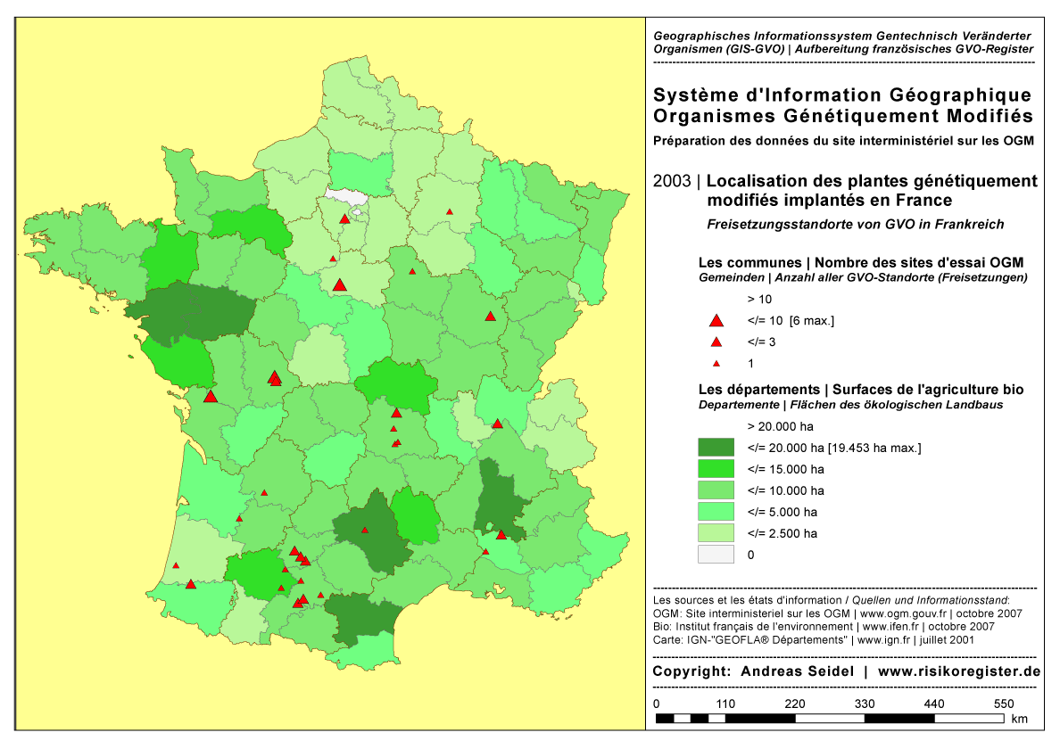Organismes G�n�tiquement Modifi�s | Surface de l'agriculture biologique par d�partement | Nombre des sites des essais OGM par commune [2003]