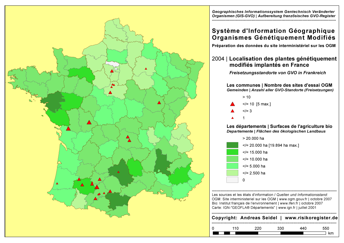 Organismes G�n�tiquement Modifi�s | Surface de l'agriculture biologique par d�partement | Nombre des sites des essais OGM par commune [2004]