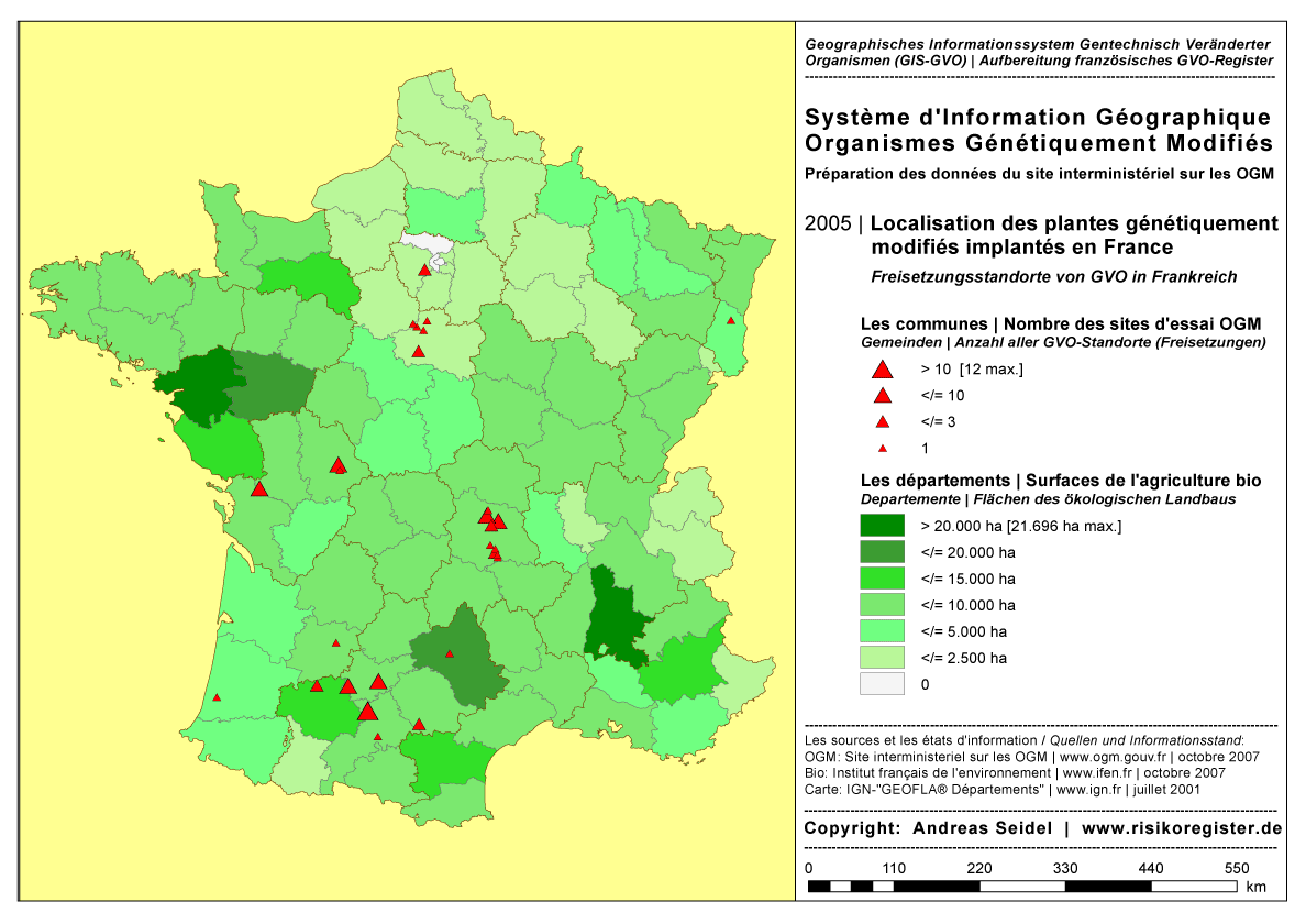 Organismes G�n�tiquement Modifi�s | Surface de l'agriculture biologique par d�partement | Nombre des sites des essais OGM par commune [2005]