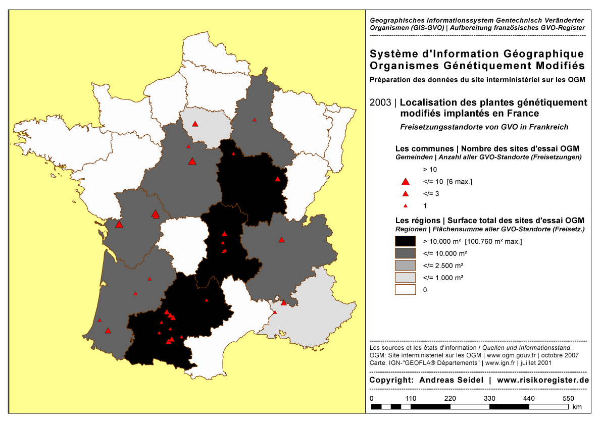 Organismes G�n�tiquement Modifi�s | Surface total des sites des essais OGM par r�gion | Nombre des sites des essais OGM par commune [2003]
