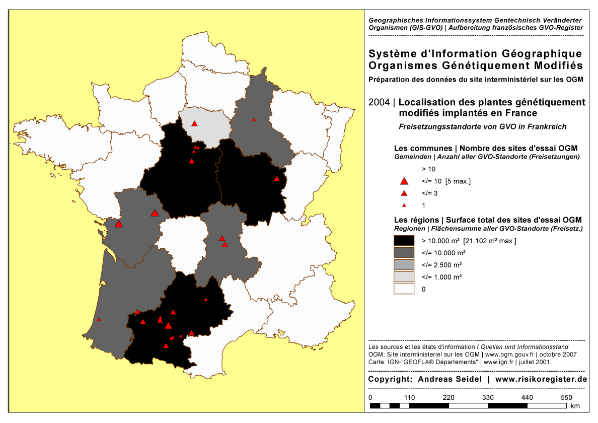 Organismes G�n�tiquement Modifi�s | Surface total des sites des essais OGM par r�gion | Nombre des sites des essais OGM par commune [2004]