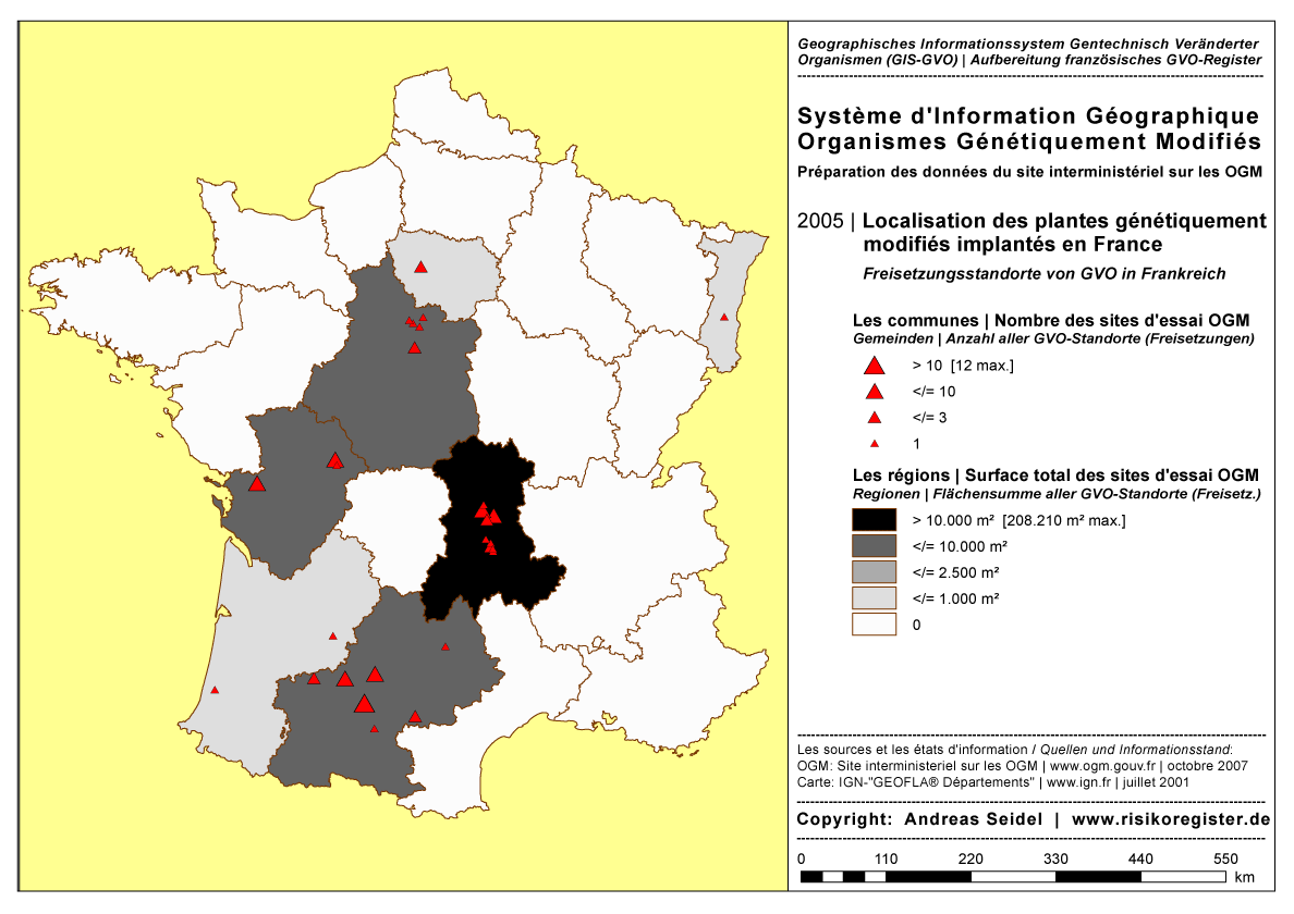 Organismes G�n�tiquement Modifi�s | Surface total des sites des essais OGM par r�gion | Nombre des sites des essais OGM par commune [2005]
