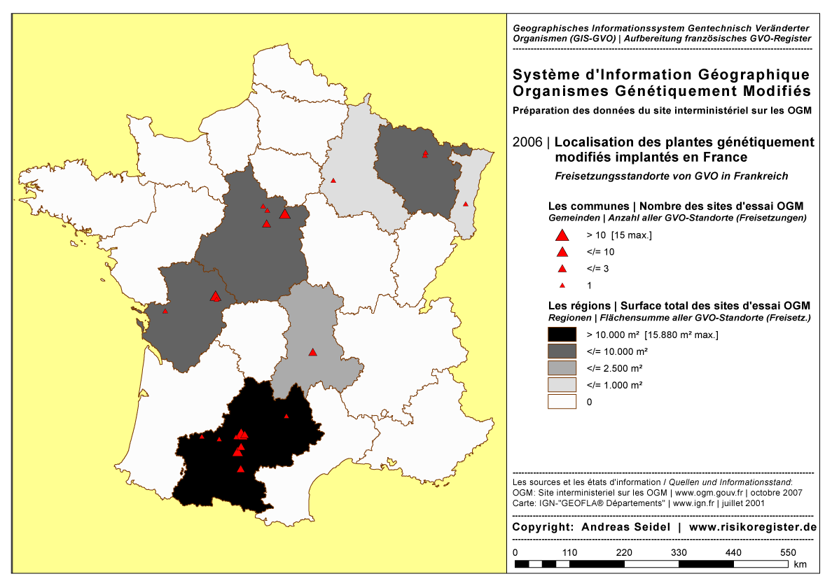 Organismes G�n�tiquement Modifi�s | Surface total des sites des essais OGM par r�gion | Nombre des sites des essais OGM par commune [2006]