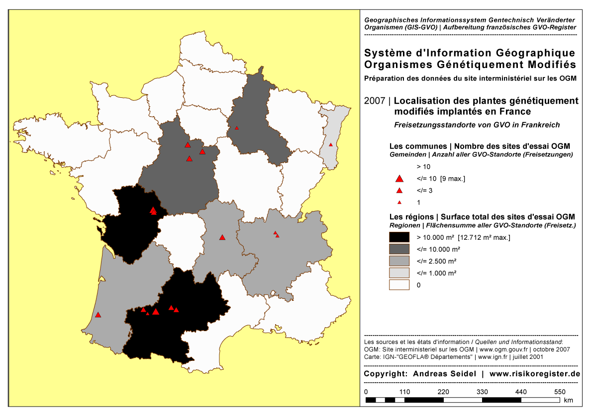 Organismes G�n�tiquement Modifi�s | Surface total des sites des essais OGM par r�gion | Nombre des sites des essais OGM par commune [2007]