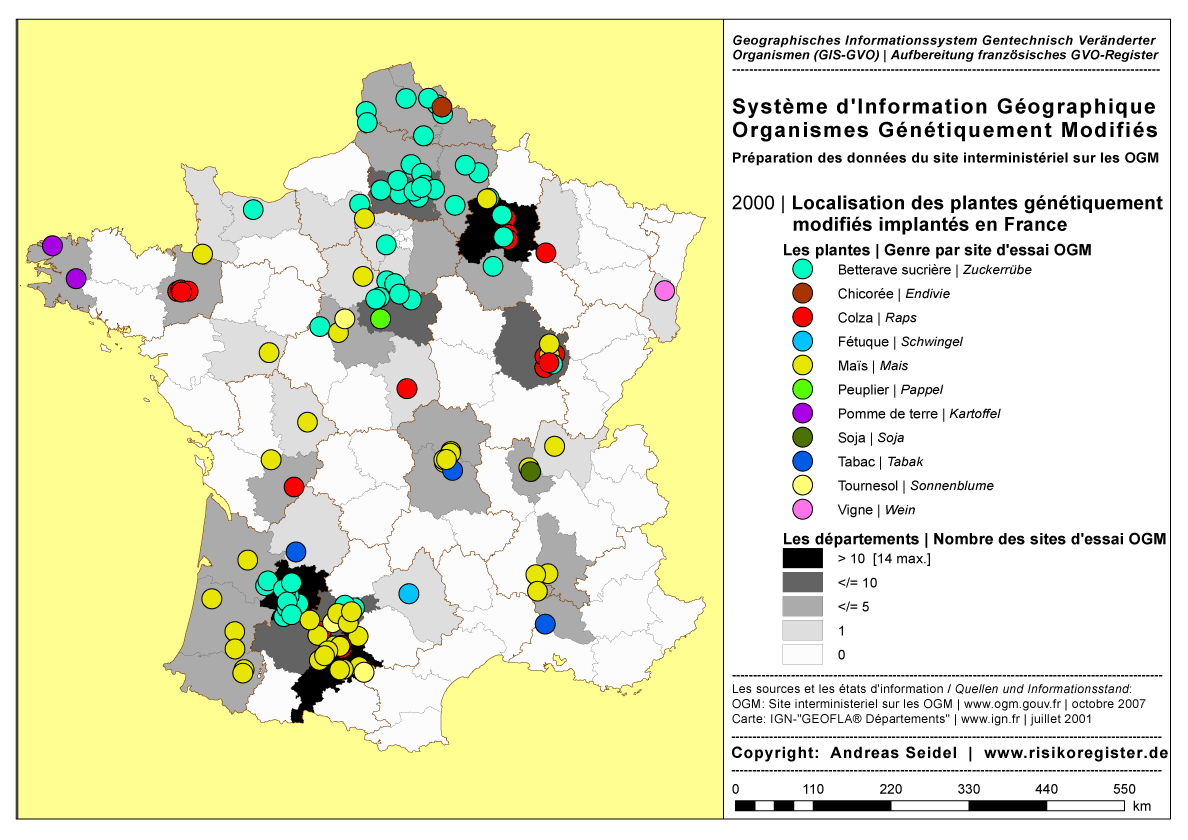 Organismes G�n�tiquement Modifi�s | Les plantes concernant l'essai au champ | Genre par site OGM [2000]