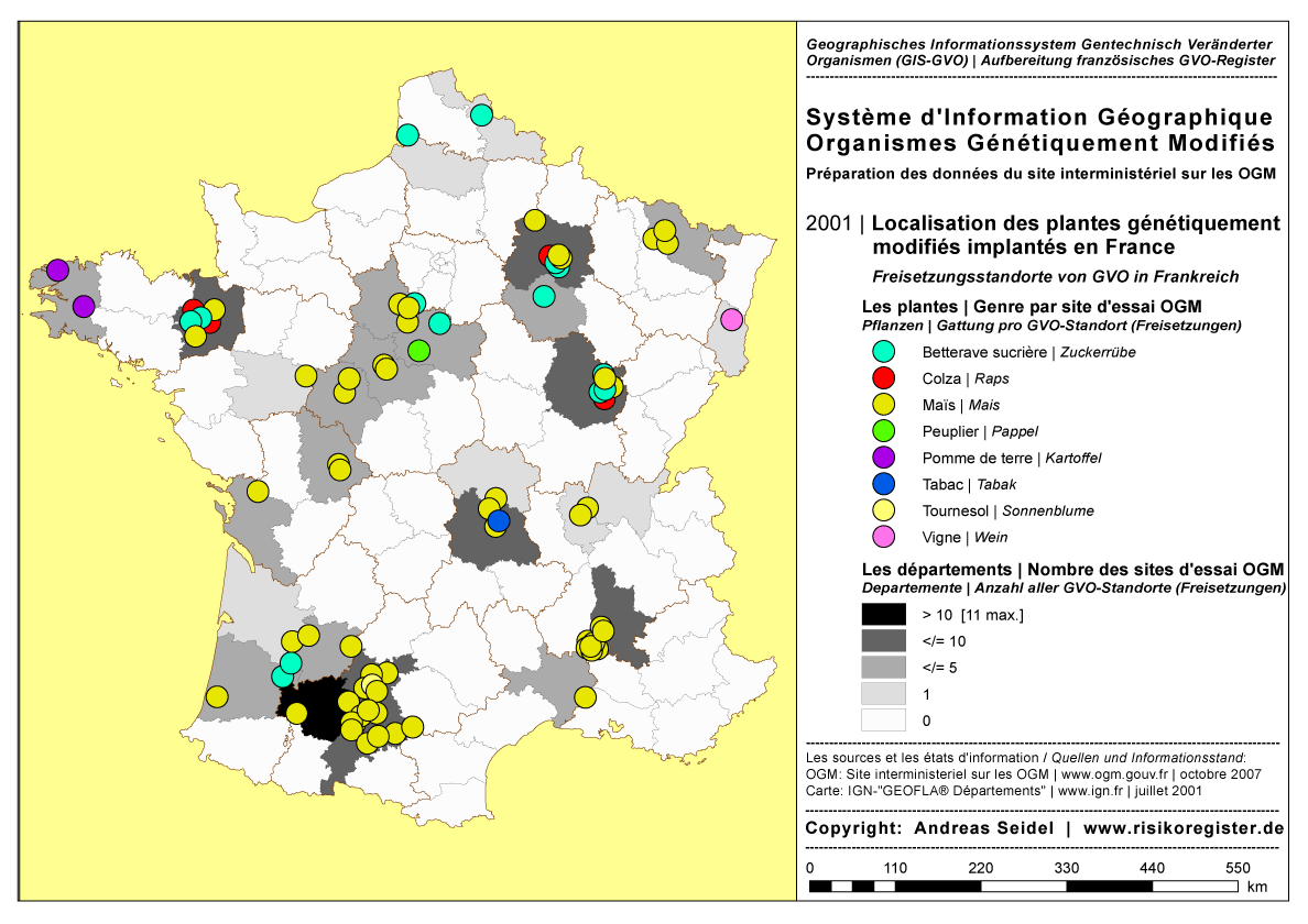 Organismes G�n�tiquement Modifi�s | Les plantes concernant l'essai au champ | Genre par site OGM [2001]
