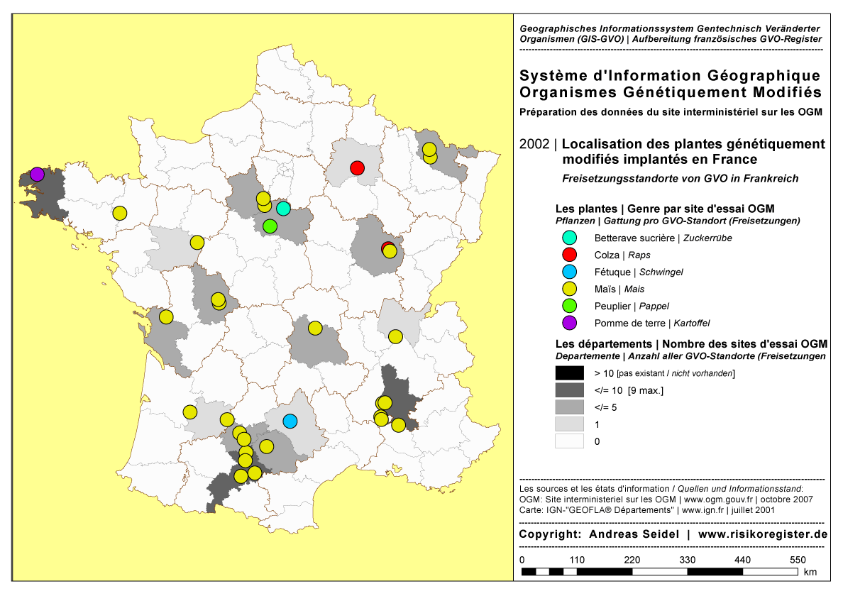 Organismes G�n�tiquement Modifi�s | Les plantes concernant l'essai au champ | Genre par site OGM [2002]