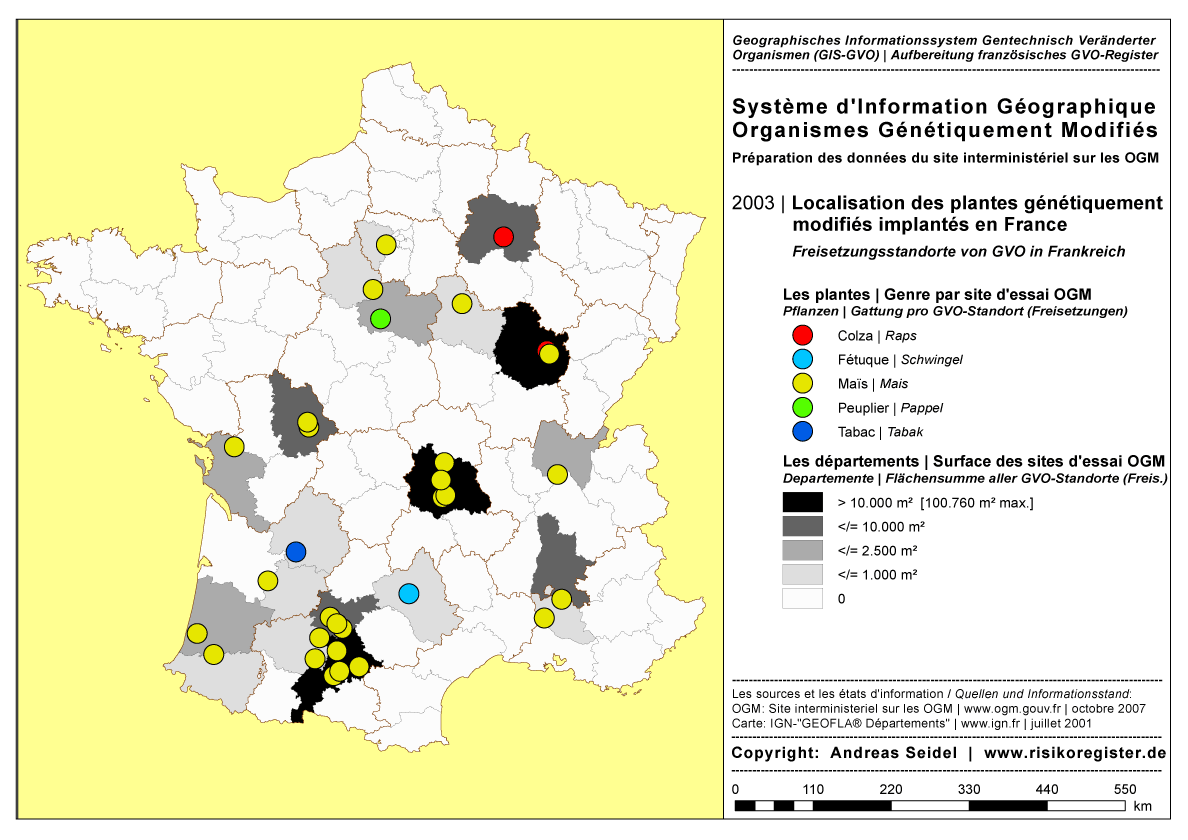 Organismes G�n�tiquement Modifi�s | Les plantes concernant l'essai au champ | Genre par site OGM [2003]