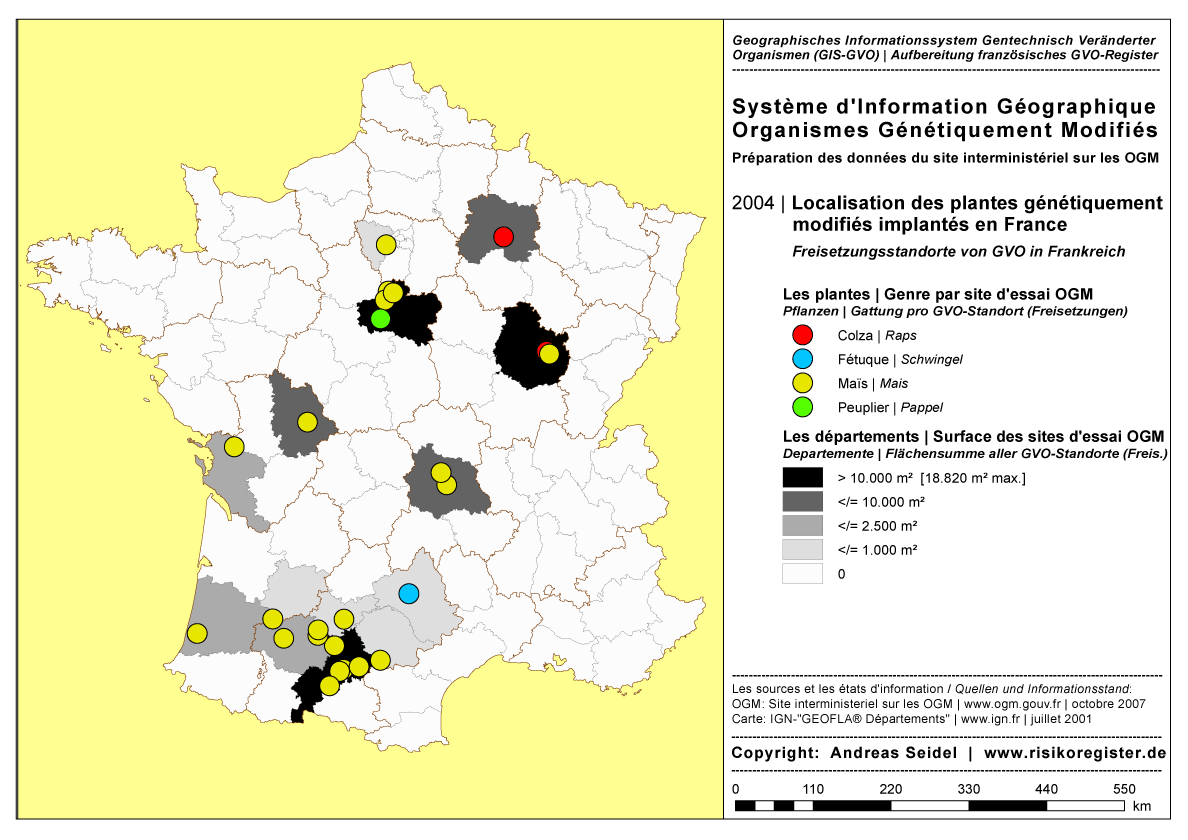Organismes G�n�tiquement Modifi�s | Les plantes concernant l'essai au champ | Genre par site OGM [2004]