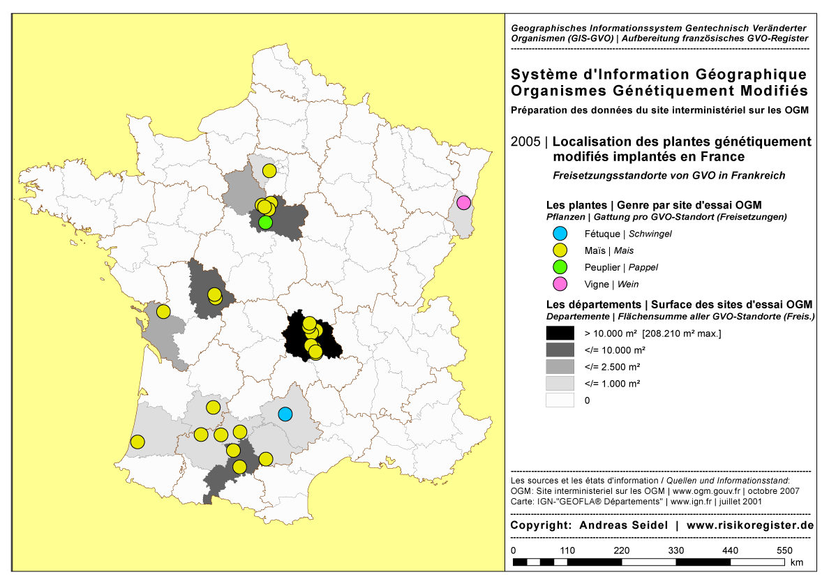 Organismes G�n�tiquement Modifi�s | Les plantes concernant l'essai au champ | Genre par site OGM [2005]