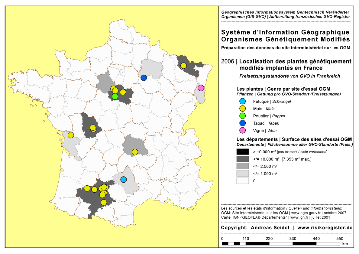 Organismes G�n�tiquement Modifi�s | Les plantes concernant l'essai au champ | Genre par site OGM [2006]
