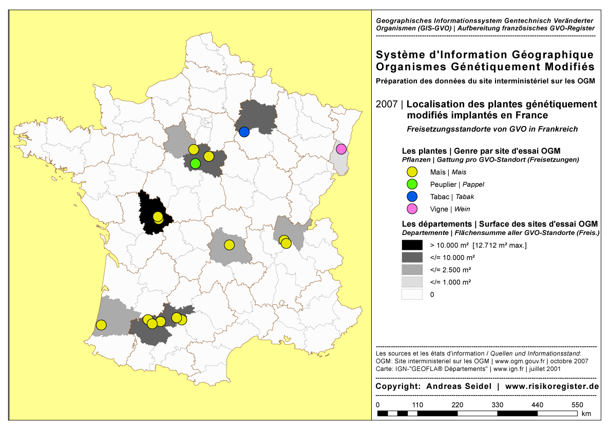 Organismes G�n�tiquement Modifi�s | Les plantes concernant l'essai au champ | Genre par site OGM [2007]