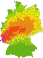 Beispiel einer durch PARK prognostizierten Iod-Kontamination von Blattgemse nach einer Radionuklidfreisetzung als Folge eines fiktiven Reaktorunfalls. berschreitung der EU-Grenzwerte fr die Vermarktung von Lebensmitteln.