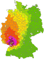 Beispiel einer durch PARK prognostizierten Iod-Kontamination von Blattgemse nach einer Radionuklidfreisetzung als Folge eines fiktiven Reaktorunfalls. berschreitung der EU-Grenzwerte fr die Vermarktung von Lebensmitteln.