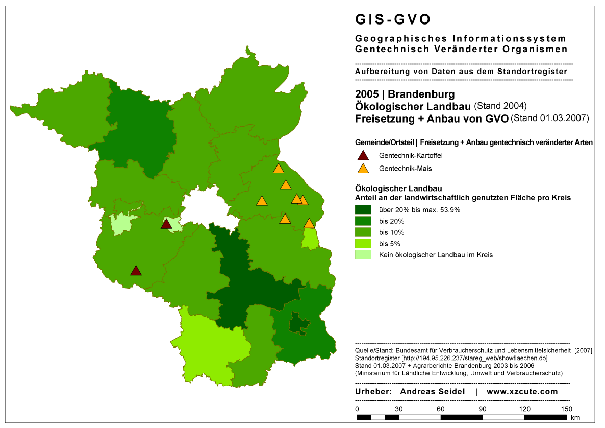 Brandenburg | Anteil kolandbau an der landwirtschaftlichen Nutzflche pro Kreis [2004], Anbau + Freisetzung von GVO [2005]