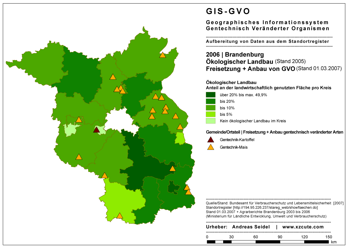 Brandenburg | Anteil kolandbau an der landwirtschaftlichen Nutzflche pro Kreis [2005], Anbau + Freisetzung von GVO [2006]