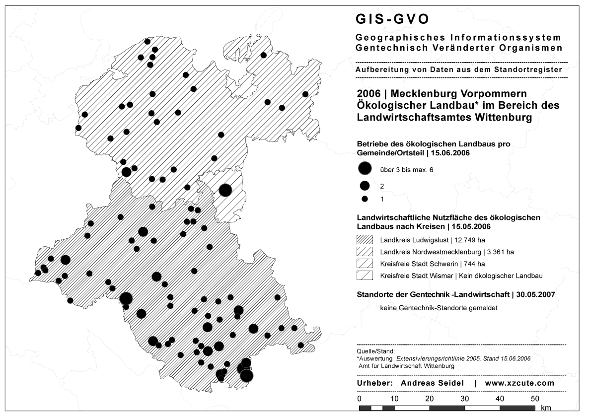 Mecklenburg Vorpommern | Anteil kolandbau an der landwirtschaftlichen Nutzflche pro Kreis [2006], Betriebe des kologischen Landbaus pro Gemeinde/Ortsteil [2006]