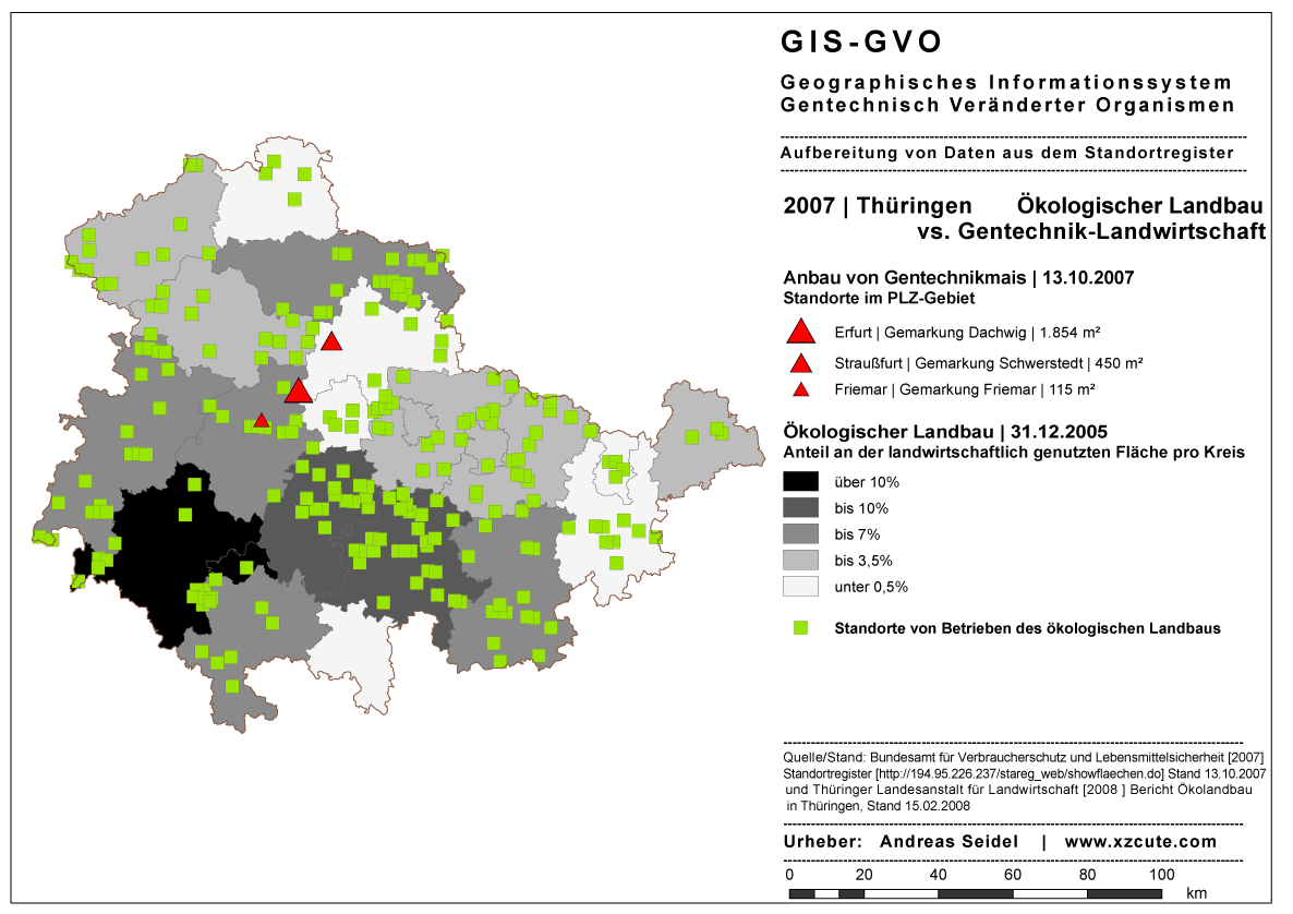 Thringen | Anteil kolandbau an der landwirtschaftlichen Nutzflche pro Kreis [2005], Anbau + Freisetzung von GVO [2007]